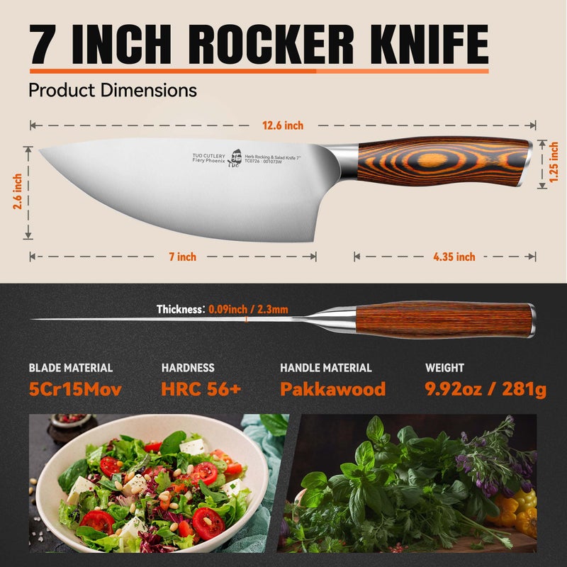 TUO سكين توو روكر، 7 بوصة سكين طاهٍ لفرم السلطة للأعشاب والتقطيع الخضار، سكين خضار من الفولاذ الكربوني العالي مع مقبض مريح - سلسلة فينيق الناري - Image 4